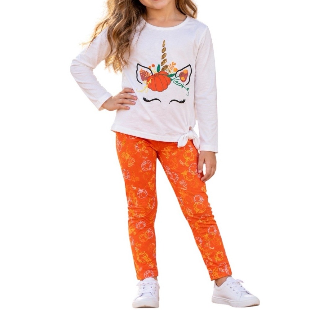 Btween Girls 6 Fall Unicorn Pumpkin Sequin Top Leggings 2pc Set NWT